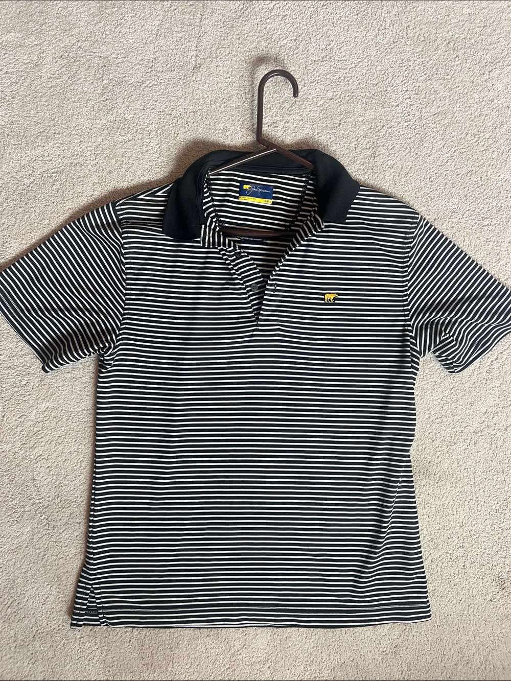 Men's Black & White Striped Polo with Yellow Chest Accent